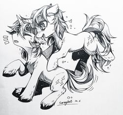 Size: 2976x2800 | Tagged: safe, artist:swaybat, oc, oc only, oc:electric spark, oc:sweet voltage, pony, unicorn, brother and sister, ear piercing, earring, female, goggles, high res, jewelry, male, monochrome, piercing, twins, unshorn fetlocks