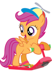 Size: 3699x5000 | Tagged: safe, artist:moongazeponies, scootaloo, pegasus, pony, g4, back to the future, cute, cutealoo, female, filly, foal, hat, hoverboard, propeller hat, scooter, simple background, solo, transparent background, vector