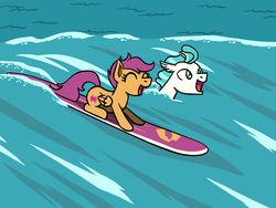Size: 1800x1350 | Tagged: safe, artist:flutterluv, scootaloo, terramar, pegasus, pony, seapony (g4), g4, cute, cutealoo, duo, female, filly, male, ocean, ponified animal photo, smiling, surfboard, surfing, swimming, water