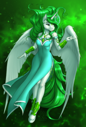 Size: 2565x3800 | Tagged: safe, artist:mykegreywolf, oc, oc only, oc:eos, alicorn, anthro, unguligrade anthro, abstract background, alicorn oc, anthro oc, clothes, commission, dress, female, high res, limited palette, mare, side slit, smiling, solo, total sideslit