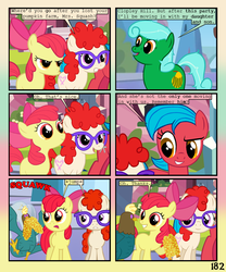 Size: 900x1080 | Tagged: safe, artist:lister-of-smeg, apple bloom, twist, oc, oc:crosspatch, oc:scavenger (lister-of-smeg), oc:winter squash, cockatrice, earth pony, pony, comic:crystal heart attack, g4, apple bloom is not amused, corn, female, food, mare, unamused