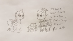Size: 4032x2268 | Tagged: safe, artist:parclytaxel, golden hooves (g4), oc, oc:parcly taxel, alicorn, crystal pony, pony, ain't never had friends like us, albumin flask, parcly taxel in japan, g4, akabane, alicorn oc, box, christmas, christmas presents, female, hat, hearth's warming, holiday, japan, lineart, mailpony, mare, messenger, monochrome, pencil drawing, present, saddle bag, sparkles, story included, tokyo, traditional art, winged shoes