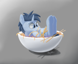 Size: 3000x2475 | Tagged: safe, artist:pucksterv, oc, oc only, oc:tesseract, pony, unicorn, commission, cute, food, high res, male, noodles, ponies in food, solo, soup, stallion, ych result