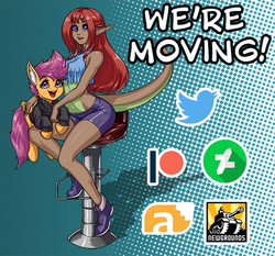 Size: 600x558 | Tagged: safe, artist:aphexangel, scootaloo, oc, pegasus, pony, g4, abstract background, breasts, clothes, holding a pony, meta, midriff, newgrounds, patreon, patreon logo, shorts, smiling, tumblr, tumblr 2018 nsfw purge, twitter