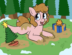 Size: 1164x879 | Tagged: safe, artist:heretichesh, oc, oc only, oc:mud puddle, earth pony, pony, bonsai, hearth's warming, hearth's warming tree, mud, muddy, muddy hooves, present, snow, solo, tree