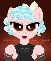 Size: 2000x2387 | Tagged: safe, artist:confetticakez, cozy glow, pony, g4, adorabolical, bow, clothes, cozybetes, cute, eve online, evil grin, female, filly, foal, freckles, goonswarm, grin, high res, shirt, simple background, smiling, solo, video game