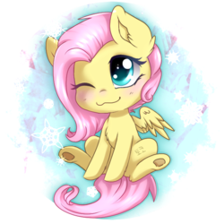 Size: 590x590 | Tagged: safe, artist:tokokami, fluttershy, pegasus, pony, g4, :3, blushing, chibi, cute, female, looking away, mare, one eye closed, shyabetes, sitting, smiling, solo, spread wings, wings, wink