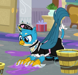 Size: 1080x1040 | Tagged: safe, edit, edited screencap, screencap, gallus, griffon, g4, the hearth's warming club, :p, animated, bow, bucket, cleaning, clothes, collar, cropped, crossdressing, cute, fishnet stockings, gallabetes, headdress, maid, no sound, raised eyebrow, smiling, smirk, solo, tail bow, tongue out, towel, washing, webm