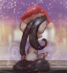 Size: 1000x1091 | Tagged: safe, artist:woofmaple, octavia melody, earth pony, pony, g4, bench, christmas, female, hat, holiday, mare, rear view, santa hat, sitting, snow, solo