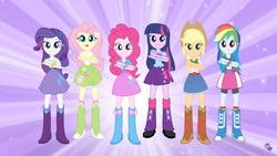 Size: 2049x1152 | Tagged: safe, screencap, applejack, fluttershy, pinkie pie, rainbow dash, rarity, twilight sparkle, alicorn, equestria girls, g4, boots, humane five, humane six, looking at you, shoes, the eg stomp, twilight sparkle (alicorn)
