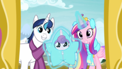 Size: 1366x768 | Tagged: safe, screencap, princess cadance, princess flurry heart, shining armor, pony, best gift ever, g4, baby, baby pony, cute, cutedance, family, flurrybetes, foal, shining adorable, star flurry heart