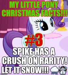 Size: 500x553 | Tagged: safe, edit, edited screencap, screencap, rarity, spike, g4, captain obvious, caption, christmas, emoji, excessive exclamation marks, fun fact, holiday, image macro, implied shipping, implied sparity, implied straight, my little pony christmas facts, op is a slowpoke, snow, snowman, text, you don't say