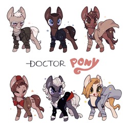 Size: 1280x1279 | Tagged: safe, artist:juanmaodepp, earth pony, pony, bbc, beard, blazer, bowtie, clothes, doctor who, eleventh doctor, facial hair, fez, hat, jumper, leather, ninth doctor, overcoat, peacoat, pinstripe, ponified, scarf, simple background, tenth doctor, the doctor, thirteenth doctor, time lord, trenchcoat, tweed, twelfth doctor, waistcoat, war doctor