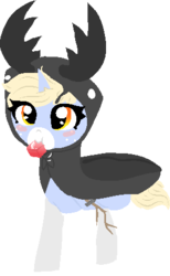Size: 287x466 | Tagged: safe, artist:nootaz, oc, oc:nootaz, pony, stag beetle, unicorn, :t, blushing, clothes, costume, cute, eating, female, horns, mare, mouth hold, nom, nootabetes, puffy cheeks, simple background, smiling, solo, transparent background