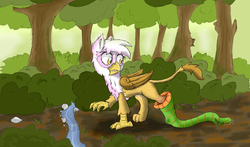 Size: 4299x2529 | Tagged: safe, artist:pzkratzer, gilda, griffon, worm, g4, creek, dirt, forest, gildaprey, plant, plant vore, plant worm, river, sketch, vore, wtf