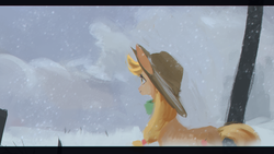 Size: 1920x1080 | Tagged: safe, artist:hierozaki, applejack, earth pony, pony, g4, cowboy hat, female, hat, letterboxing, mare, prone, smiling, snow, snowfall, solo, stetson