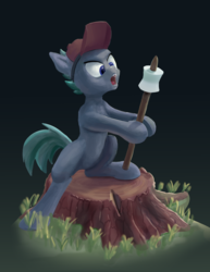 Size: 1058x1368 | Tagged: safe, artist:xbi, oc, oc only, oc:sharpie, earth pony, pony, action pose, baseball cap, cap, eyes on the prize, fangs, food, hat, marshmallow, solo, tree stump