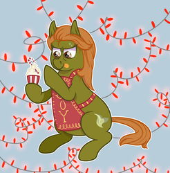 Size: 1287x1306 | Tagged: safe, artist:ashidaii, oc, oc only, earth pony, pony, apron, candy, candy cane, clothes, cupcake, female, food, mare, solo