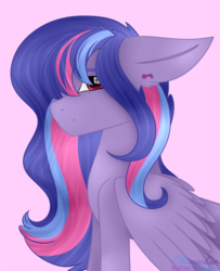 Size: 806x991 | Tagged: safe, artist:okimichan, oc, oc only, pegasus, pony, bust, female, mare, pink background, portrait, simple background, solo