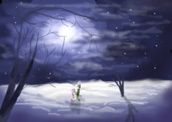 Size: 4960x3508 | Tagged: safe, artist:mr100dragon100, discord, princess celestia, g4, female, male, moon, ship:dislestia, shipping, snow, straight, tree, winter