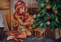 Size: 2700x1884 | Tagged: safe, artist:xjenn9, sunset shimmer, equestria girls, g4, christmas, christmas ornament, christmas presents, christmas tree, clothes, cyrillic, decoration, female, high heels, holiday, kneeling, ponied up, present, russian, shoes, solo, tree