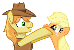 Size: 827x552 | Tagged: safe, artist:sapphireartemis, applejack, braeburn, pony, g4, simple background, squishy cheeks, story included, transparent background