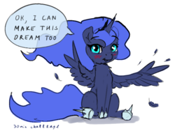 Size: 808x606 | Tagged: safe, artist:xbi, derpibooru exclusive, princess luna, alicorn, pony, g4, 30 minute art challenge, blushing, dialogue, female, simple background, sitting, solo, speech bubble, spread wings, white background, wings