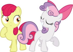 Size: 3567x2548 | Tagged: safe, artist:estories, artist:flizzick, artist:gurugrendo, edit, editor:slayerbvc, vector edit, apple bloom, sweetie belle, earth pony, pony, unicorn, g4, accessory swap, accessory-less edit, apple bloom's bow, bow, female, filly, grin, hair bow, high res, raised hoof, simple background, smiling, transparent background, vector
