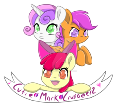 Size: 1024x878 | Tagged: safe, artist:sparkleshadow, apple bloom, scootaloo, sweetie belle, earth pony, pegasus, pony, unicorn, g4, apple bloom's bow, banner, bow, cutie mark crusaders, deviantart watermark, female, filly, hair bow, obtrusive watermark, open mouth, simple background, transparent background, watermark