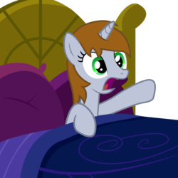 Size: 2000x2000 | Tagged: safe, artist:veyronraze, oc, oc only, oc:littlepip, pony, unicorn, fallout equestria, bed, fanfic, fanfic art, female, high res, hooves, horn, mare, open mouth, pillow, solo, vector