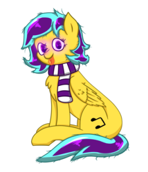 Size: 1200x1400 | Tagged: safe, artist:quicktimepony, oc, oc only, oc:soloist song, pegasus, pony, 2019 community collab, derpibooru community collaboration, clothes, cutie mark, neon colors, scarf, simple background, sitting, solo, transparent background