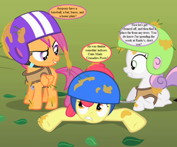 Size: 864x720 | Tagged: safe, edit, edited screencap, editor:korora, screencap, apple bloom, scootaloo, sweetie belle, g4, the cutie mark chronicles, clothes, crash helmet, cropped, cutie mark crusaders, helmet, implied rarity, speech bubble, text, tree sap and pine needles, vest