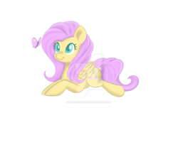 Size: 1024x878 | Tagged: safe, artist:sparkleshadow, fluttershy, butterfly, pegasus, pony, g4, deviantart watermark, female, folded wings, looking at something, lying down, mare, obtrusive watermark, prone, simple background, solo, transparent background, watermark, wings