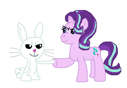 Size: 416x290 | Tagged: safe, artist:drypony198, angel bunny, starlight glimmer, g4, female, hoofbump, interspecies, male, ship:starbunny, shipping, straight