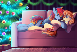Size: 4311x2917 | Tagged: safe, artist:airiniblock, oc, oc only, oc:arian blaze, oc:vital sparkle, pegasus, pony, rcf community, chest fluff, christmas, christmas lights, christmas tree, commission, couch, duo, ear fluff, female, holiday, lesbian, mare, pillow, present, smiling