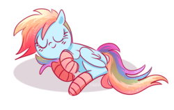 Size: 740x470 | Tagged: safe, artist:pinkablue, rainbow dash, pegasus, pony, g4, clothes, cute, dashabetes, eyes closed, female, socks, solo, striped socks