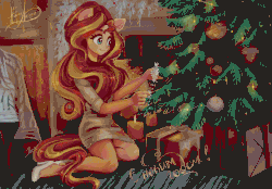 Size: 2700x1884 | Tagged: safe, alternate version, artist:xjenn9, derpibooru exclusive, sunset shimmer, equestria girls, g4, animated, blinking, christmas, christmas ornament, christmas presents, christmas tree, cyrillic, decoration, female, gif, high heels, holiday, kneeling, ponied up, present, russian, shoes, solo, tree