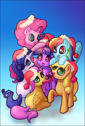 Size: 1822x2701 | Tagged: safe, artist:stratodraw, applejack, fluttershy, pinkie pie, rainbow dash, rarity, twilight sparkle, pony, g4, christmas, cute, female, gradient background, hat, hnnng, holiday, mane six, mare, present, santa hat