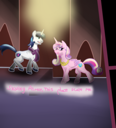 Size: 898x995 | Tagged: safe, artist:shehaveboththings, princess cadance, shining armor, alicorn, pony, unicorn, g4, clothes, cutie mark, dialogue, lightning, scarf, shadow