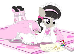 Size: 3000x2193 | Tagged: safe, artist:avchonline, octavia melody, earth pony, anthro, g4, alice in wonderland, bow, clothes, crayon, crayon drawing, dress, eyeshadow, female, gloves, hair bow, hello kitty, high res, long gloves, maid, makeup, mare, mary janes, octamaid, pantyhose, pinafore, puffy sleeves, sanrio, solo, traditional art