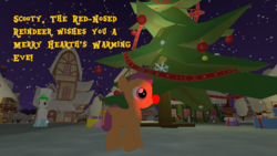 Size: 1920x1080 | Tagged: safe, scootaloo, oc, oc:maplesweet, pegasus, pony, legends of equestria, g4, antlers, cowpony hat, enchanted ice skates, female, filly, flower, flower shop, foal, game, game screencap, garland, gift wrapped, glowing, glowing nose, greeting card, hat, hearth's warming eve, hearth's warming greeting card, hearth's warming ornament, hearth's warming tree, holiday, night, night sky, ornament, ponydale, ponyville, red nose, reindeer antlers, reindeer nose, rudolph nose, scooty the red-nosed reindeer, snow, snowflake, stars, top hat, tree, video game, winter