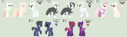 Size: 3004x880 | Tagged: safe, artist:kawaiiwolflady, artist:selenaede, artist:strawberry-spritz, oc, oc only, oc:giga-byte, oc:nancy mares, oc:night-strike, oc:shadow-fang, oc:trendy, alicorn, bat pony, bat pony alicorn, earth pony, pegasus, pony, alicorn oc, base used, bat pony oc, blank flank, bracelet, chest fluff, clothes, coat, colored tongue, colored wings, detective, ear fluff, ear piercing, earring, eye scar, eyepatch, fangs, female, flannel, floral head wreath, flower, freckles, glasses, gray background, headphones, hipster, hoodie, jewelry, male, mare, mercenary, monocle, multicolored hair, multicolored wings, open mouth, piercing, raised hoof, reference sheet, scar, scarf, simple background, socks, solo, stallion, stockings, thigh highs, tongue out, wall of tags