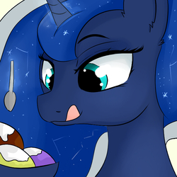 Size: 600x600 | Tagged: safe, artist:dashy21, princess luna, alicorn, pony, g4, female, food, glowing horn, horn, ice cream, magic, mare, smiling, solo, spoon, tongue out
