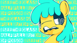 Size: 1920x1080 | Tagged: safe, artist:hackd, berry punch, berryshine, earth pony, pony, g4, capitalism, essay in description, female, limited palette, pessimism, pessimist, sick, solo, swirly eyes, tongue out