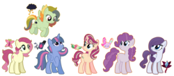 Size: 3578x1572 | Tagged: safe, artist:katsubases, artist:yoshisohappy, oc, oc only, oc:iris lolita, oc:monarch blossom, oc:radiant fortune, oc:soirre swirl, oc:spectrum pyre, oc:spell bound, alicorn, earth pony, pegasus, pony, unicorn, alicorn oc, base used, eyeshadow, female, flying, magical lesbian spawn, makeup, mare, next generation, offspring, parent:fluttershy, parent:inky rose, parent:party favor, parent:pinkie pie, parent:rainbow dash, parent:rarity, parent:roseluck, parent:spitfire, parent:starlight glimmer, parent:sunset shimmer, parent:trixie, parent:twilight sparkle, parents:inkity, parents:partypie, parents:roseshy, parents:shimmerglimmer, parents:spitdash, parents:twixie, raised hoof, simple background, transparent background