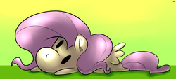 Size: 1280x577 | Tagged: safe, artist:benja, fluttershy, pony, g4, beady eyes, chibi, cute, ear fluff, female, gradient background, lying down, prone, shyabetes, signature, solo, tired
