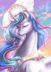 Size: 2480x3508 | Tagged: safe, artist:catofrage, princess celestia, alicorn, pony, g4, female, glowing eyes, high res, horn, horn jewelry, jewelry, lidded eyes, looking at you, majestic, mare, queen celestia, solo, spanish