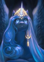 Size: 2480x3508 | Tagged: safe, artist:catofrage, princess luna, alicorn, pony, g4, ear piercing, earring, female, goddess, headdress, high res, horn, horn jewelry, jewelry, looking up, mare, piercing, solo
