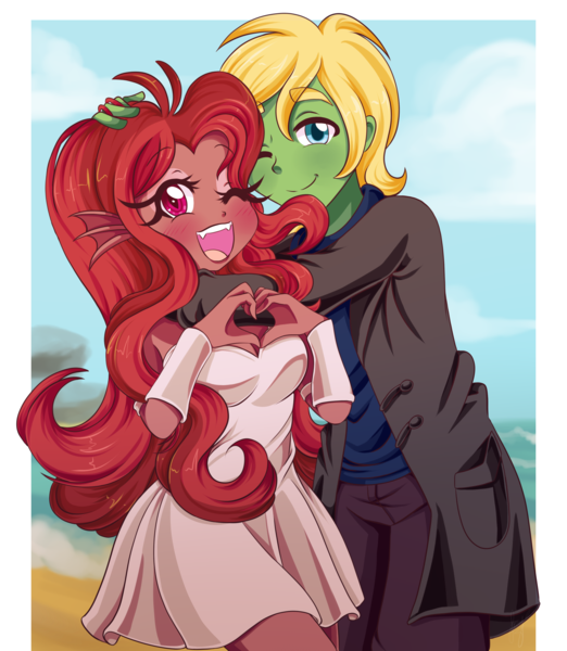 1915989 Artist Lucy Tan Blushing Clothes Commission Equestria Girls Female Heart Hands Looking At You Male Mezbridge Oc Oc Mezma Oc Northbridge Oc X Oc One Eye Closed Safe Shipping Smiling Straight Derpibooru