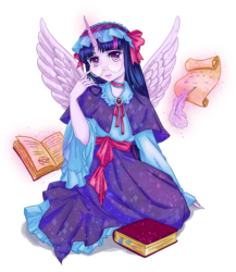 Size: 1738x2000 | Tagged: safe, artist:catofrage, twilight sparkle, alicorn, equestria girls, g4, book, female, glasses, headdress, horn, looking at you, magic, pentagram, quill, scroll, simple background, solo, telekinesis, transparent background, twilight sparkle (alicorn), wings